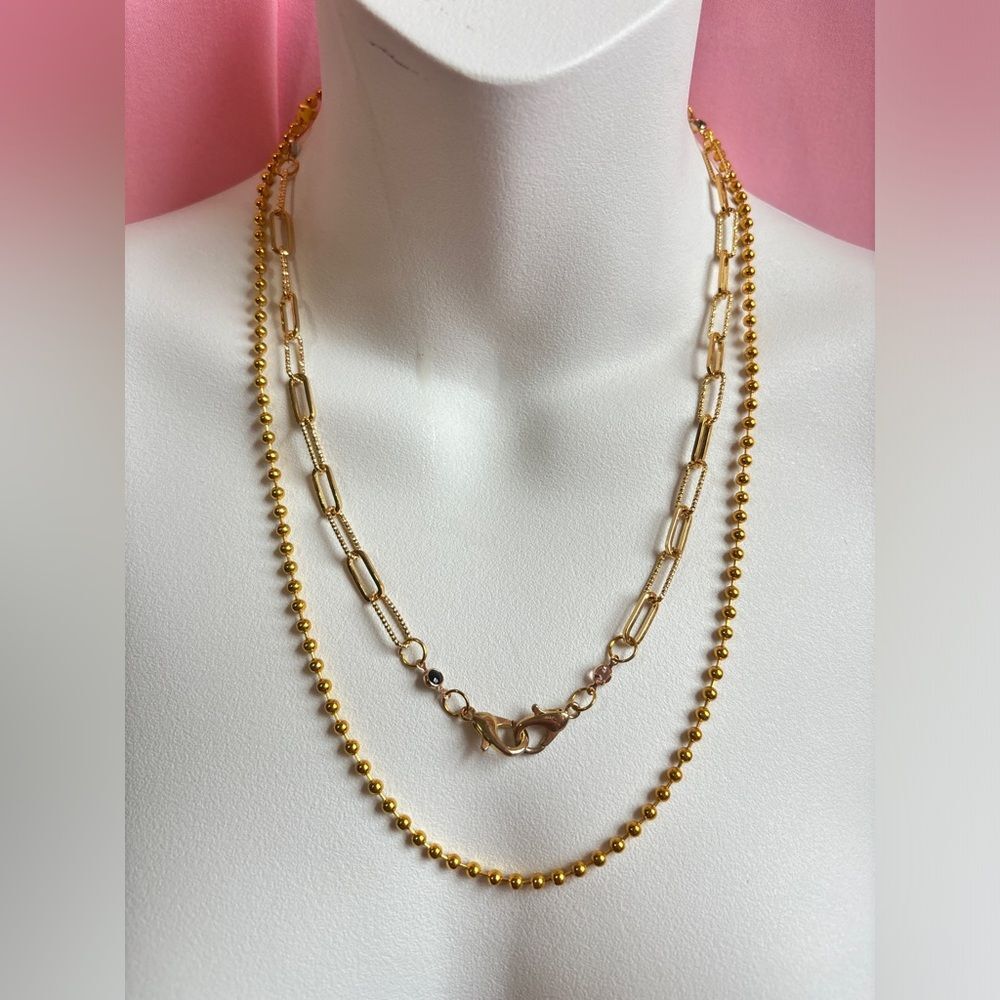 Two Layer Paperclip and Bead Chains Gold Plated Necklace Set